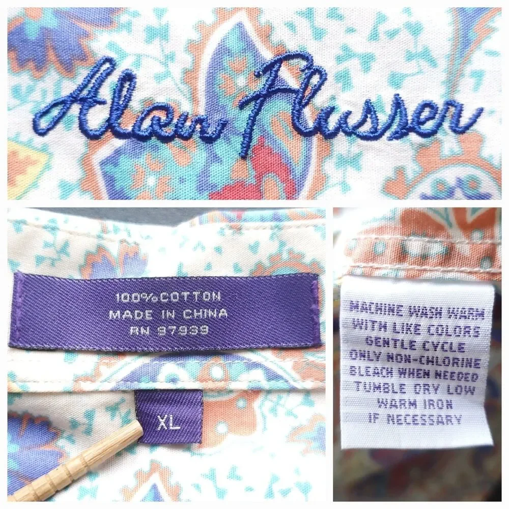 Alan Flusser Paisley Floral Shirt Mens XL Short Sleeve Colorful Cotton Hipster - Picture 3 of 9
